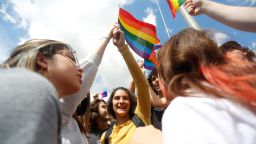 High school students in Tampa, Florida, protest the "Don't Say Gay" bill on March 3. The bill would prohibit classroom discussion of sexual orientation and gender identity.