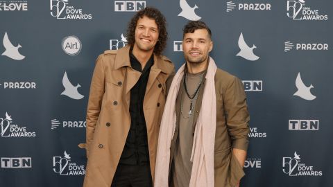 (From left) Luke Smallbone and Joel Smallbone of For King & Country attend the 52nd GMA Dove Awards at Lipscomb Allen Arena on October 19, 2021, in Nashville, Tennessee.