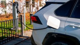CHARLOTTE, VERMONT - NOVEMBER 5: A 2021 Toyota RAV4 Prime electric car recharges its batteries.