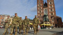 U.S. soldiers of the 82nd Airborne Division are seen visiting the Main Square in Krakow, Poland on March 8th, 2022. U.S. troops have arrived to Poland as reinforcements for its various NATO allies in Eastern Europe, including Poland, as Russian invasion of Ukrain has begun. (Photo by Beata Zawrzel/NurPhoto via Getty Images)