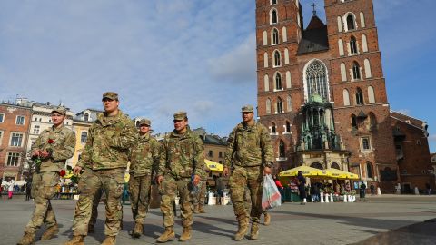 U.S. soldiers of the 82nd Airborne Division are seen visiting the Main Square in Krakow, Poland on March 8, 2022.