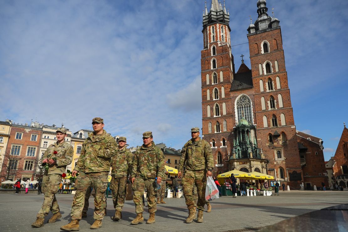 U.S. soldiers of the 82nd Airborne Division are seen visiting the Main Square in Krakow, Poland on March 8, 2022. 