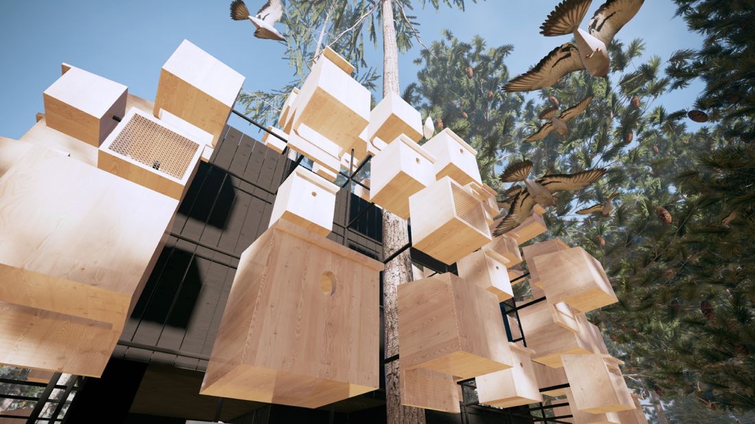 <strong>Surrounded by birdhouses:</strong> Biosphere's facades are covered in birdhouses for many different kinds of birds in northern Sweden. 