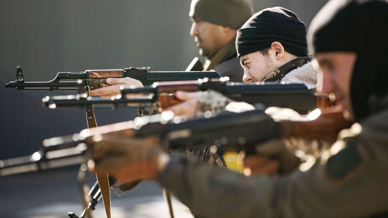 Volunteers undergo basic weapon training as they join a Kyiv defense battalion.