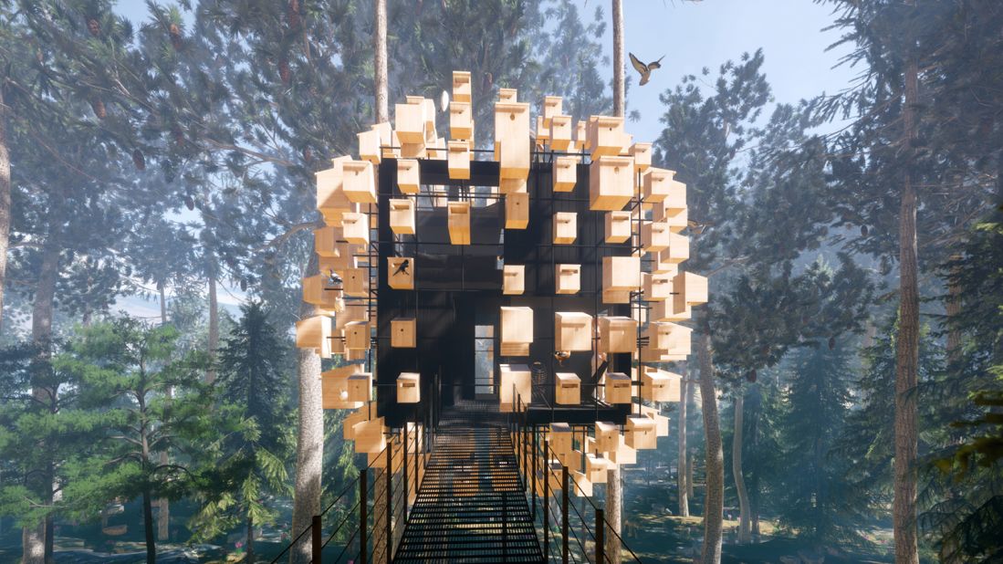 <strong>Suspended among birds:</strong> Biosphere, the newest room at Sweden's Treehotel, is accessible via suspended footbridge. Click through for more renderings of the latest tree house.