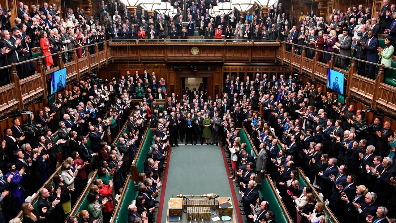 Ukrainian President Volodymyr Zelenskyy receives a standing ovation from British lawmakers in the House of Commons, London.