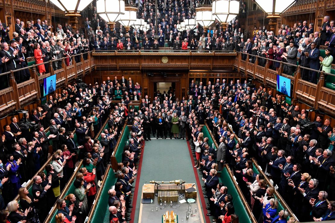 Ukrainian President Volodymyr Zelenskyy receives a standing ovation from British lawmakers in the House of Commons, London.