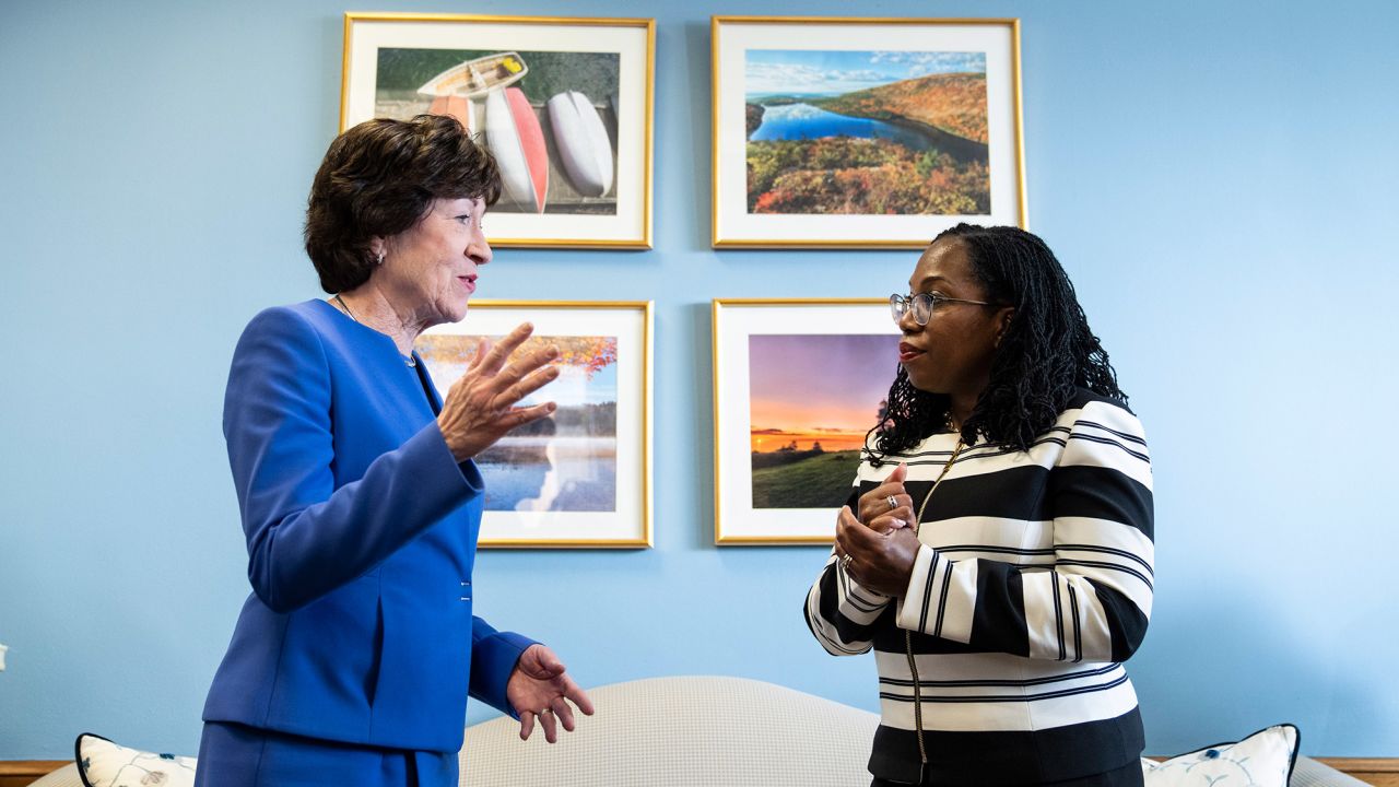 Supreme Court nominee Ketanji Brown Jackson, right, meets Tuesday with Sen. Susan Collins in Collins' office on Capitol Hill.