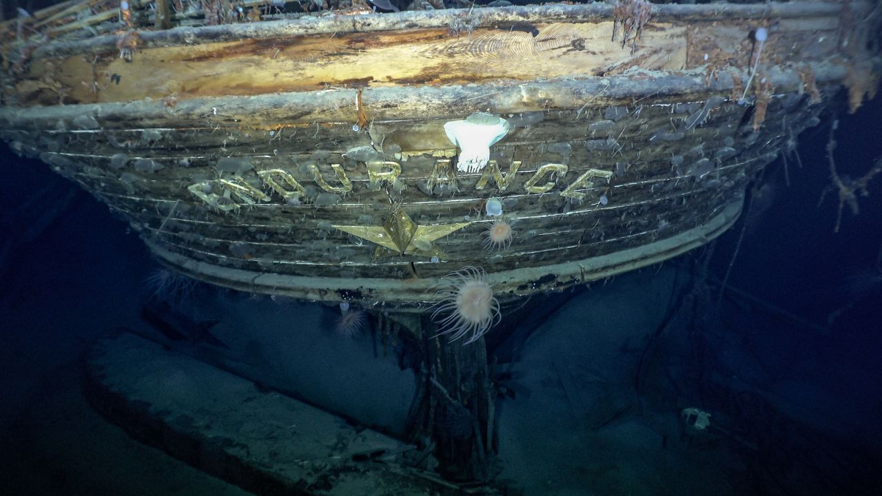 The stern of the Endurance, with the name and emblematic polestar, can be seen at its final resting place underwater.