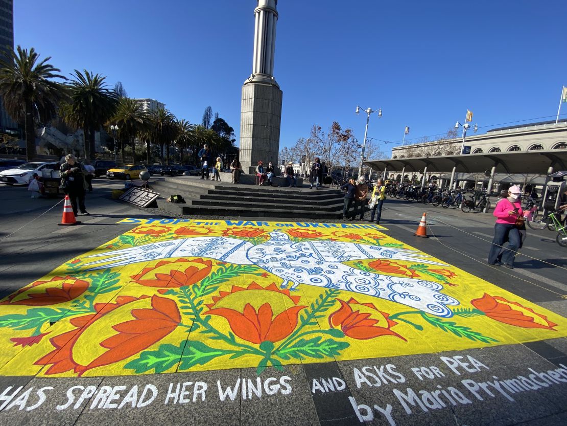 In San Francisco, artists and activists produced a mural based on Prymachenko's "A Dove Has Spread Her Wings and Asks for Peace."