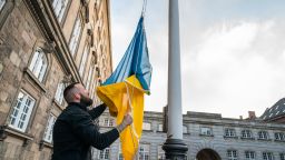 Mandatory Credit: Photo by EPA-EFE/Shutterstock (12831245a)The Ukrainian flag is hoist in front of the Danish Parliament Folketinget in Copenhagen, Denmark, 03 March 2022. The Ministry of Justice allowed both private and public authorities to hoist the Ukrainian flag in solidarity with Ukraine. Russian troops entered Ukraine on 24 February prompting the country's president to declare martial law and triggering a series of announcements by Western countries to impose severe economic sanctions on Russia.Ukranian flag in front of Danish Parliament, Copenhagen, Denmark - 03 Mar 2022