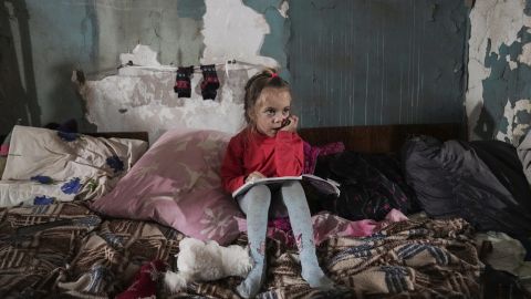 A young girl pictured in a shelter in Mariupol.