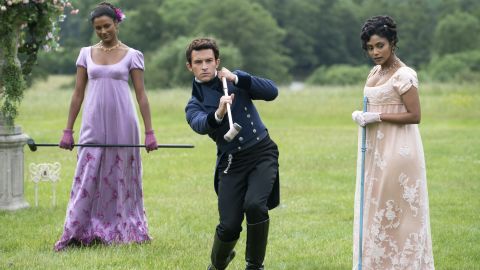 Simone Ashley, Jonathan Bailey and Charithra Chandran in season 2 of 'Bridgerton' (Liam Daniel/Netflix).