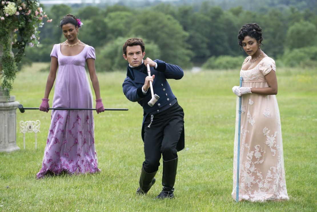 Simone Ashley as Kate Sharma, Jonathan Bailey as Anthony Bridgerton and Charithra Chandran as Edwina Sharma in episode 203 of 'Bridgerton.'