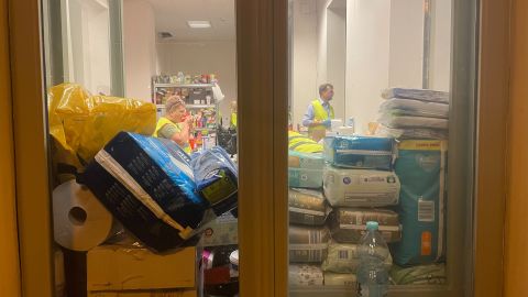  Diapers, baby wipes and food items fill a room inside the Przemyśl train station.