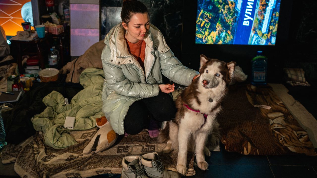 Tania Boyko, 20, pictured with her dog Kari sheltering in a Kyiv metro station on Tuesday.