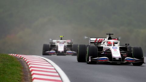 Nikita Mazepin of Russia steers his car followed by Haas driver Mick Schumacher on October 10, 2021. 