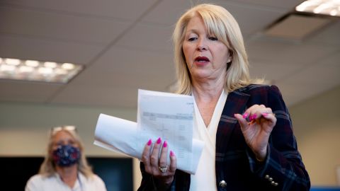Mesa County Clerk Tina Peters reads an update on the election in Grand Junction, Colorado, on June 30, 2020.