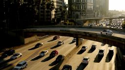 Traffic slows on the Harbor Freeway in downtown Los Angeles in November 2021. 