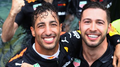 Ricciardo (left) and Italiano celebrate winning the Monaco Grand Prix in 2018. 