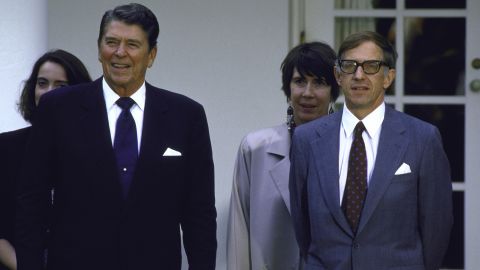 US reporter Nicholas Daniloff stands with President Ronald Reagan after his release from being detained in Russia.