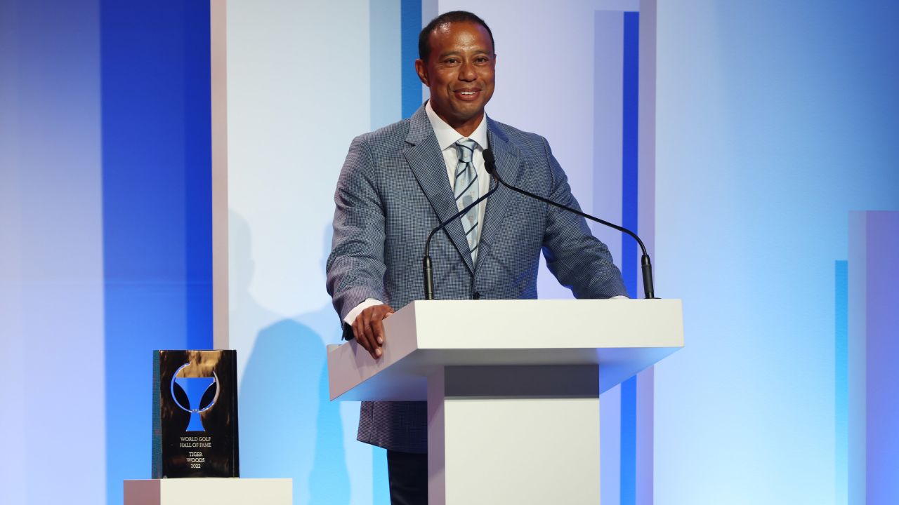 Woods speaks during the 2022 World Golf Hall of Fame Induction at the PGA TOUR Global Home on March 9, 2022 in Ponte Vedra Beach, Florida.