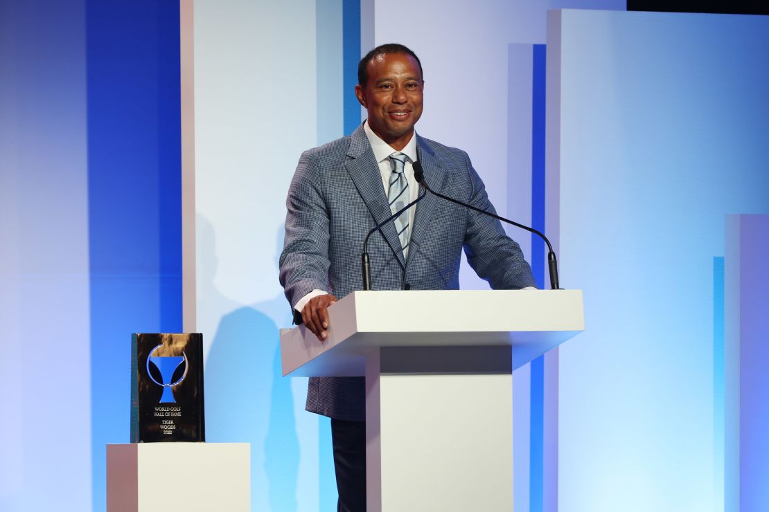 Woods speaks during the 2022 World Golf Hall of Fame Induction at the PGA TOUR Global Home on March 9, 2022 in Ponte Vedra Beach, Florida.