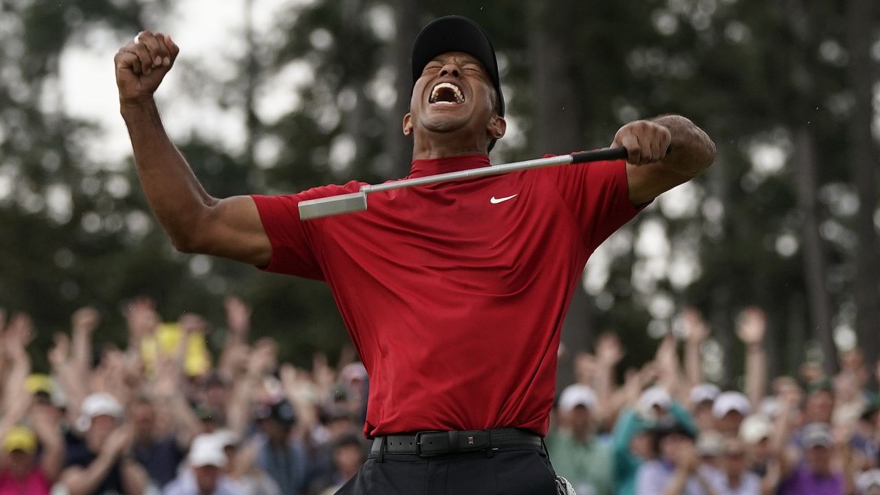 Tiger Woods reacts as he wins the Masters on April 14, 2019, in Augusta.