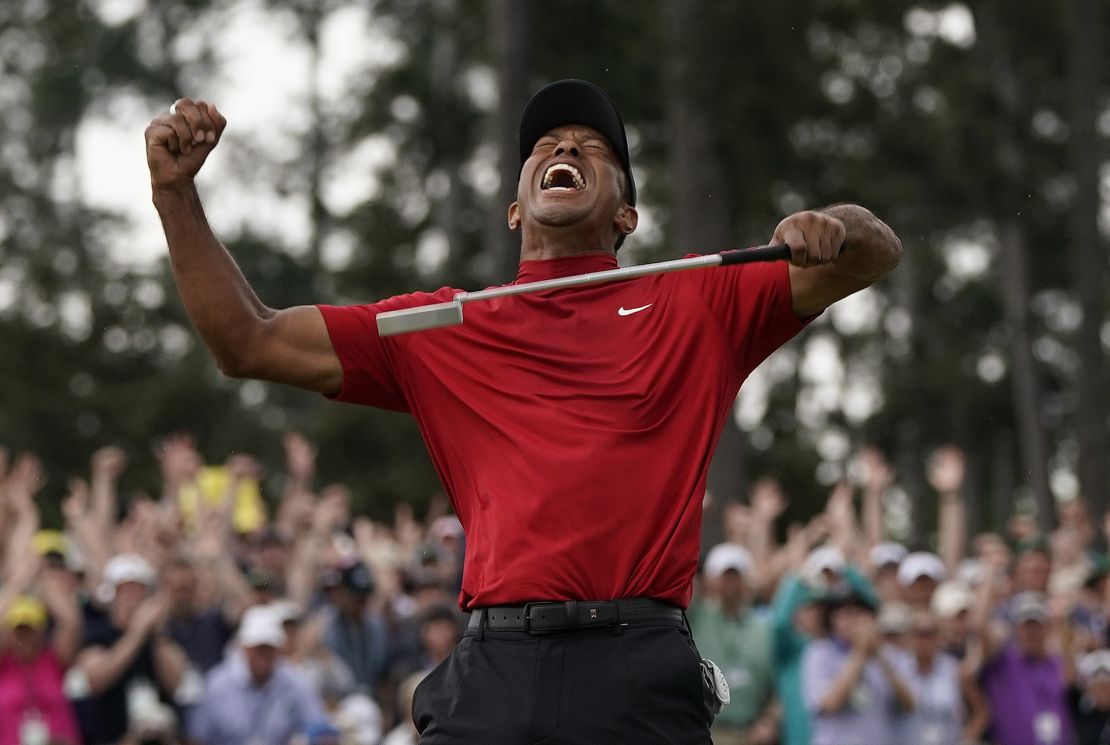 Tiger Woods reacts as he wins the Masters on April 14, 2019, in Augusta.