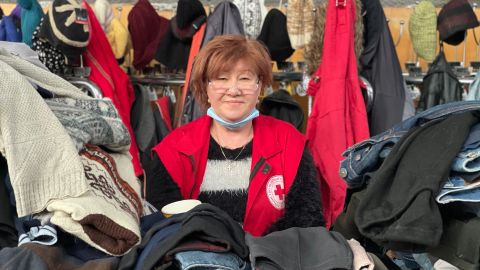 Irina Belich, a 65-year-old Ukrainian Red Cross volunteer, who is working at the refugee center in the Zaporizhzhia Circus.