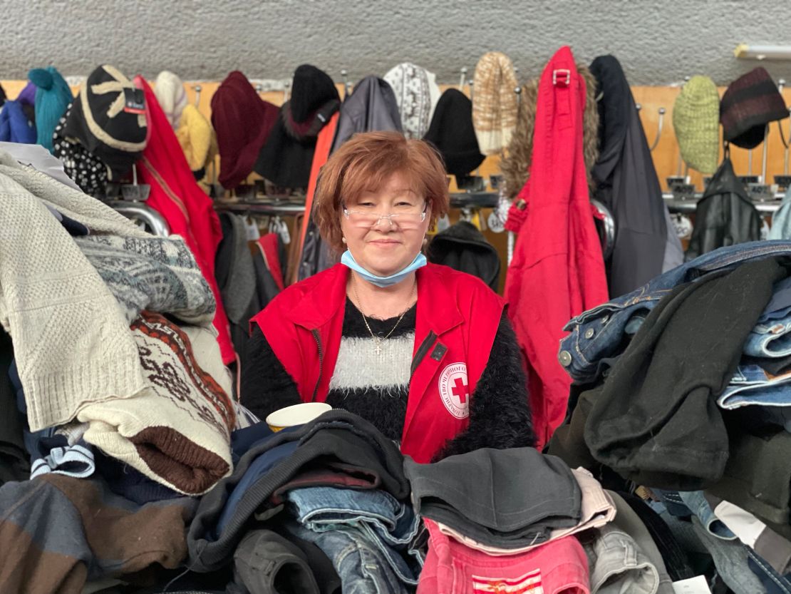 Irina Belich, a 65-year-old Ukrainian Red Cross volunteer, who is working at the refugee center in the Zaporizhzhia Circus.