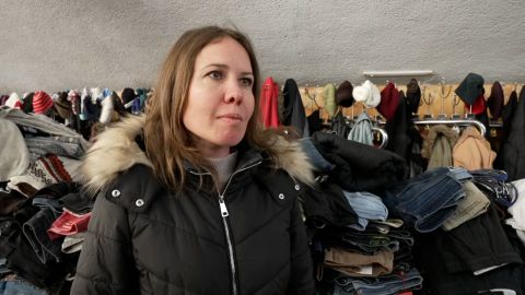 Yulia Karaulan, 38, waits every day at the refugee center, hoping her husband and 10-year-old daughter will arrive from Mariupol, where they have been trapped since the war began. 