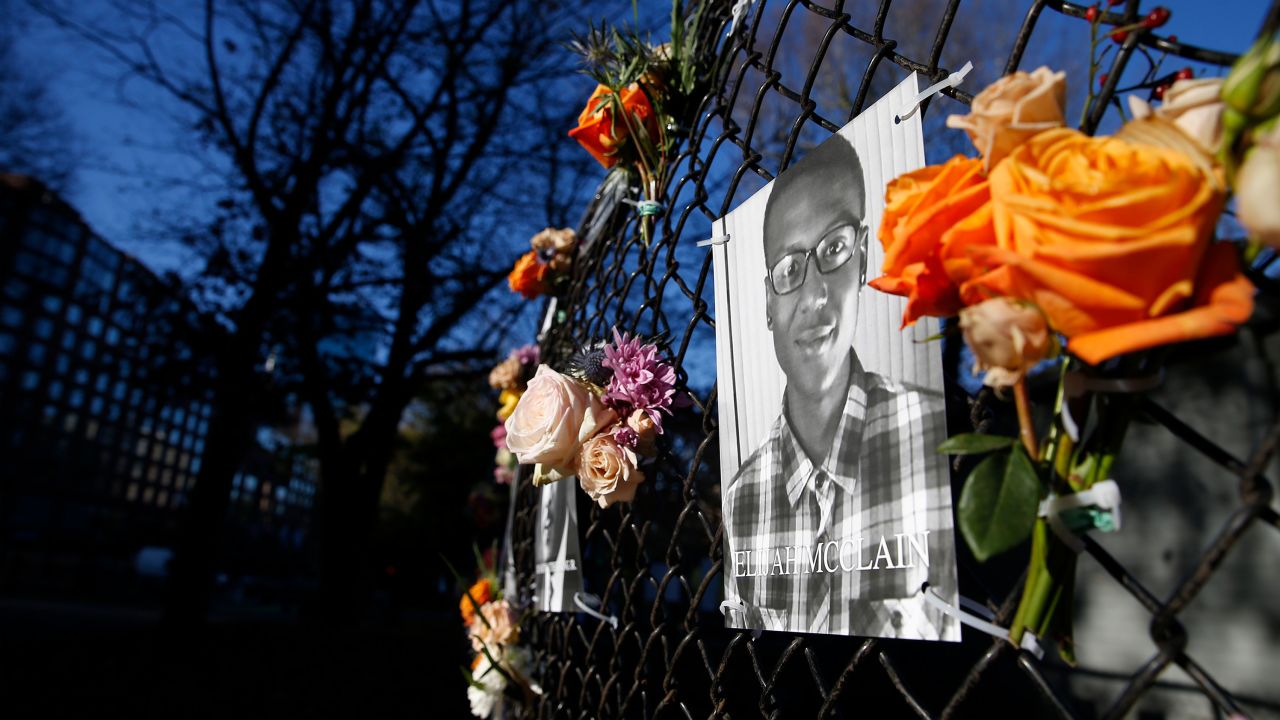 A photograph of Elijah McClain is part of the "Say Their Names" memorial, in part honoring Black people who died in police custody across the US, in 2020 in Boston.