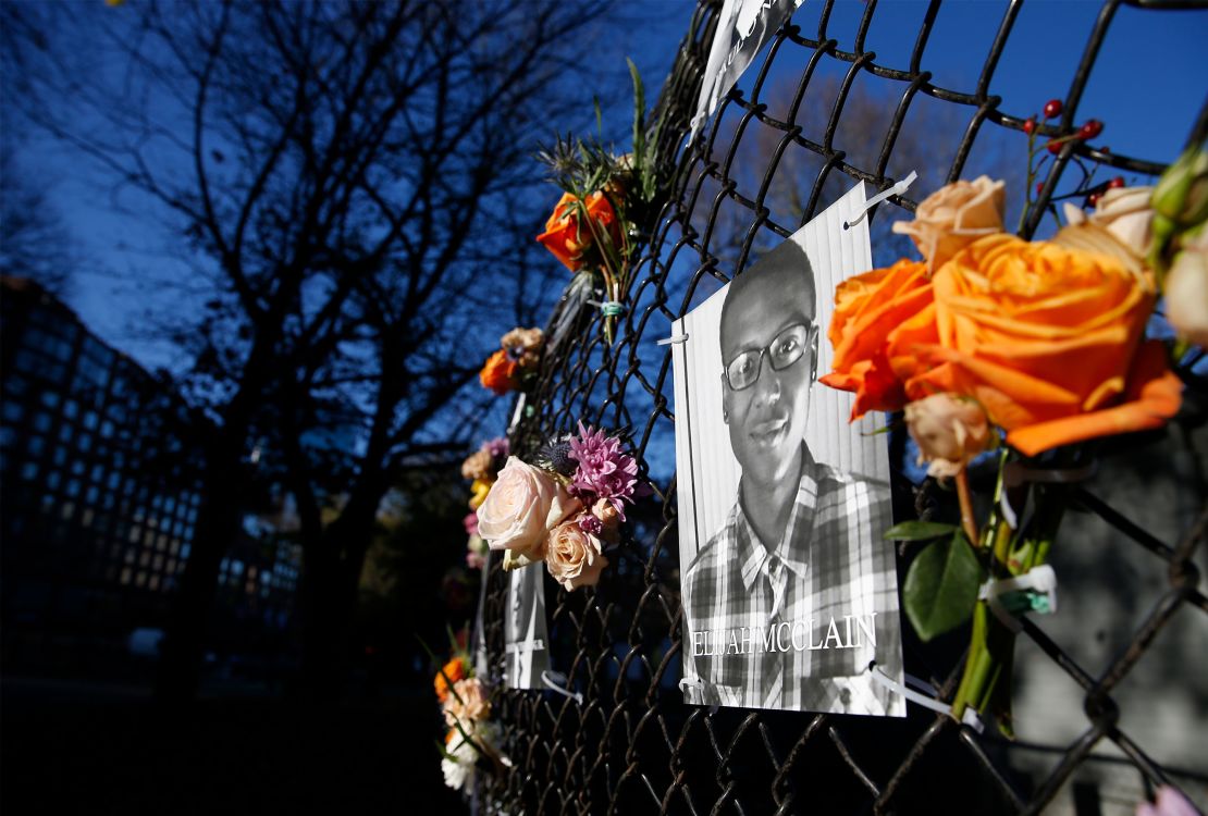 A photograph of Elijah McClain is part of the "Say Their Names" memorial, in part honoring Black people who died in police custody across the US, in 2020 in Boston.