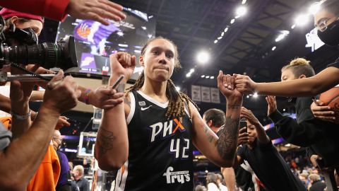 Brittney Griner #42 of the Phoenix Mercury celebrates with fans following Game Two of the 2021 WNBA Finals at Footprint Center on October 13, 2021 in Phoenix, Arizona. The Mercury defeated the Sky 91-86 in overtime.