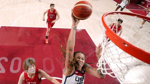 Brittney Griner #15 of Team United States drives to the basket against Team Japan during the first half of the Women's Basketball final game on day sixteen of the 2020 Tokyo Olympic games at Saitama Super Arena on August 08, 2021 in Saitama, Japan. 