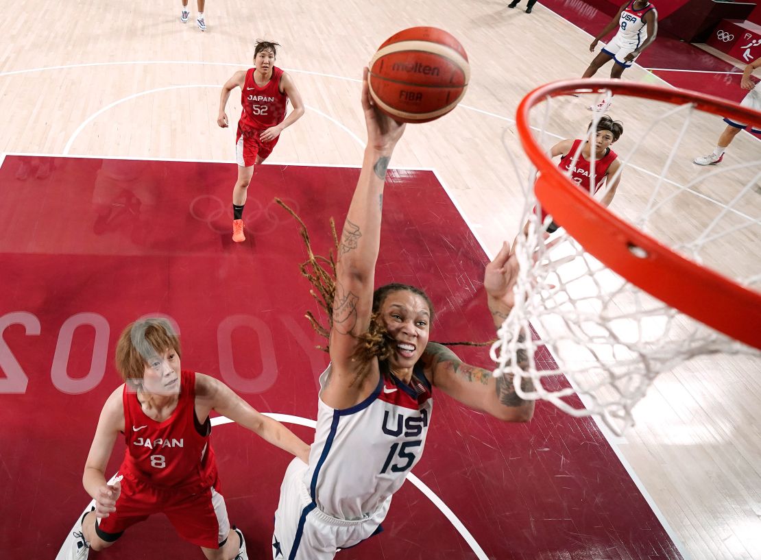 Brittney Griner #15 of Team United States drives to the basket against Team Japan during the first half of the Women's Basketball final game on day sixteen of the 2020 Tokyo Olympic games at Saitama Super Arena on August 08, 2021 in Saitama, Japan. 