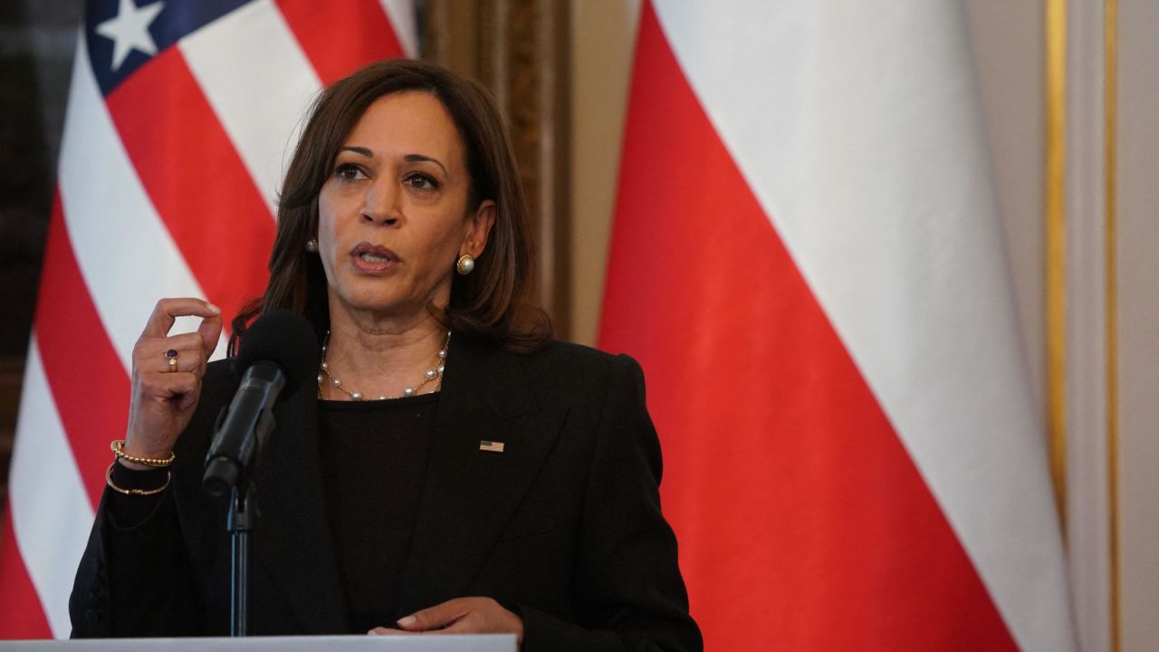 US Vice President Kamala Harris speaks during a press conference with the Polish President at Belwelder Palace in Warsaw, Poland, March 10, 2022. - Harris pays a three-day trip to Poland and Romania for meetings about the war in Ukraine. (Photo by JANEK SKARZYNSKI / AFP) (Photo by JANEK SKARZYNSKI/AFP via Getty Images)