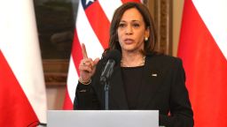 US Vice President Kamala Harris speaks during a press conference with the Polish President at Belwelder Palace in Warsaw, Poland, March 10, 2022. - Harris pays a three-day trip to Poland and Romania for meetings about the war in Ukraine. (Photo by JANEK SKARZYNSKI / AFP) (Photo by JANEK SKARZYNSKI/AFP via Getty Images)