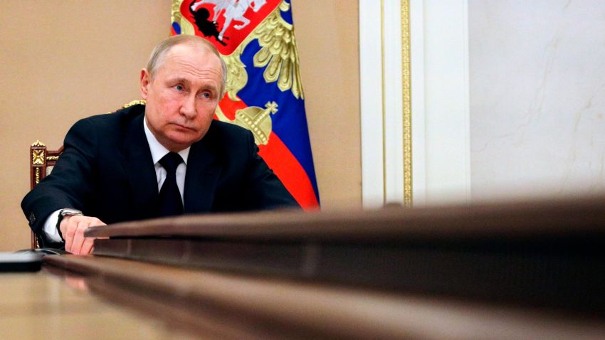 Russian President Vladimir Putin chairs a meeting with members of the government via teleconference in Moscow, Thursday, March 10, 2022. (Mikhail Klimentyev, Sputnik, Kremlin Pool Photo via AP)