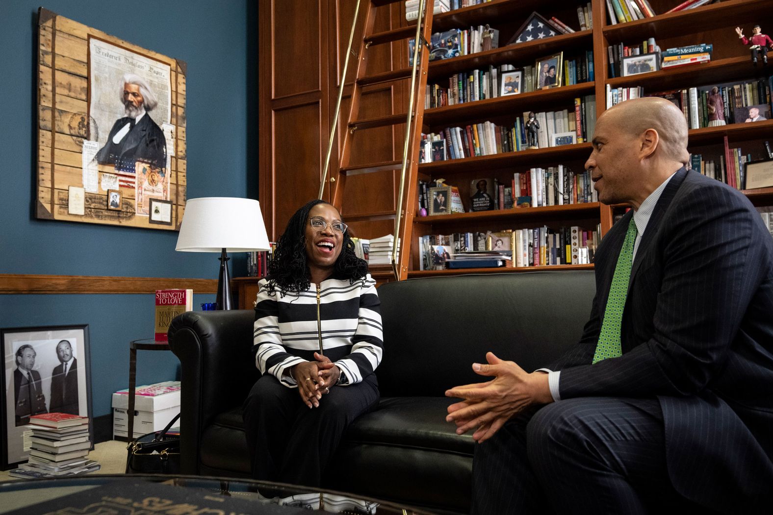 Supreme Court nominee <a href="index.php?page=&url=http%3A%2F%2Fwww.cnn.com%2F2022%2F02%2F25%2Fpolitics%2Fgallery%2Fketanji-brown-jackson%2Findex.html" target="_blank">Ketanji Brown Jackson</a> meets with US Sen. Cory Booker in Booker's Capitol Hill office on Tuesday, March 8. Jackson has been meeting with many members of the Senate ahead of her confirmation hearings.