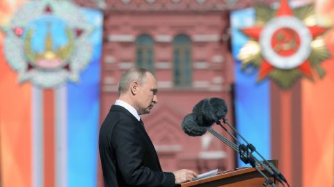 Putin delivers a speech during a Victory Day military parade at Red Square in Moscow in 2018.