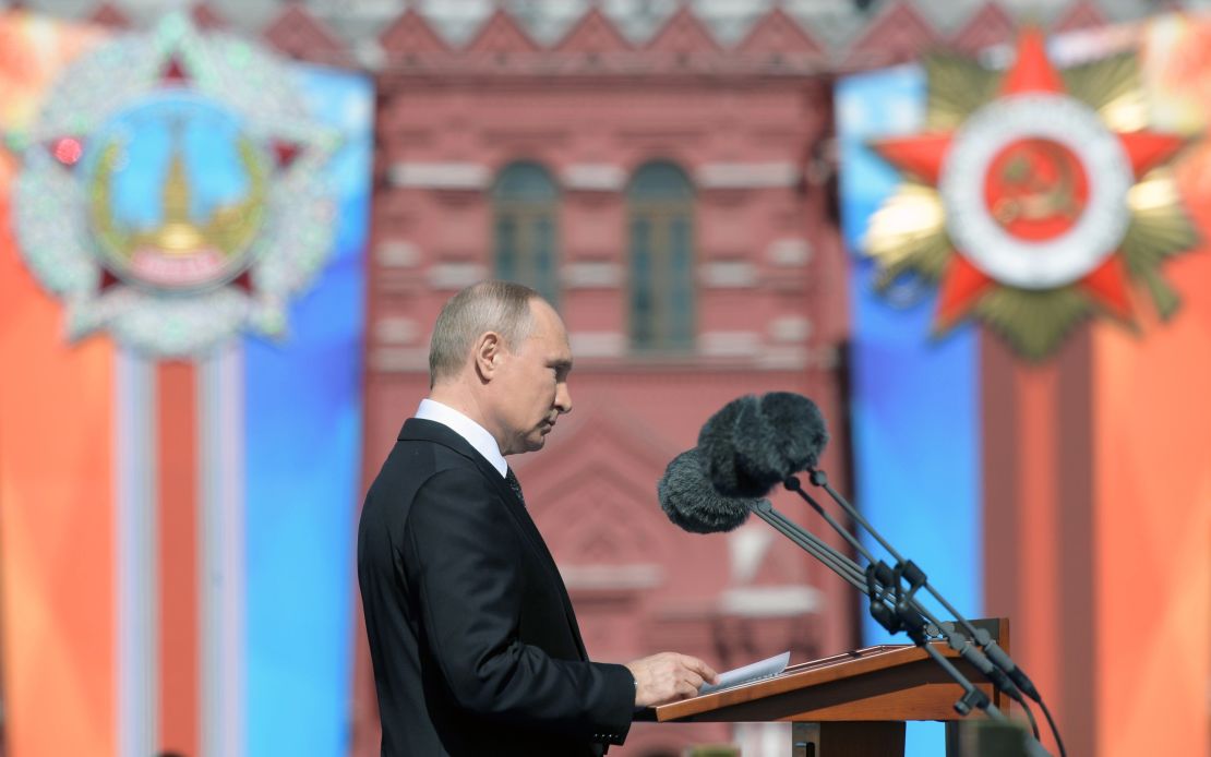 Putin delivers a speech during a Victory Day military parade at Red Square in Moscow in 2018.