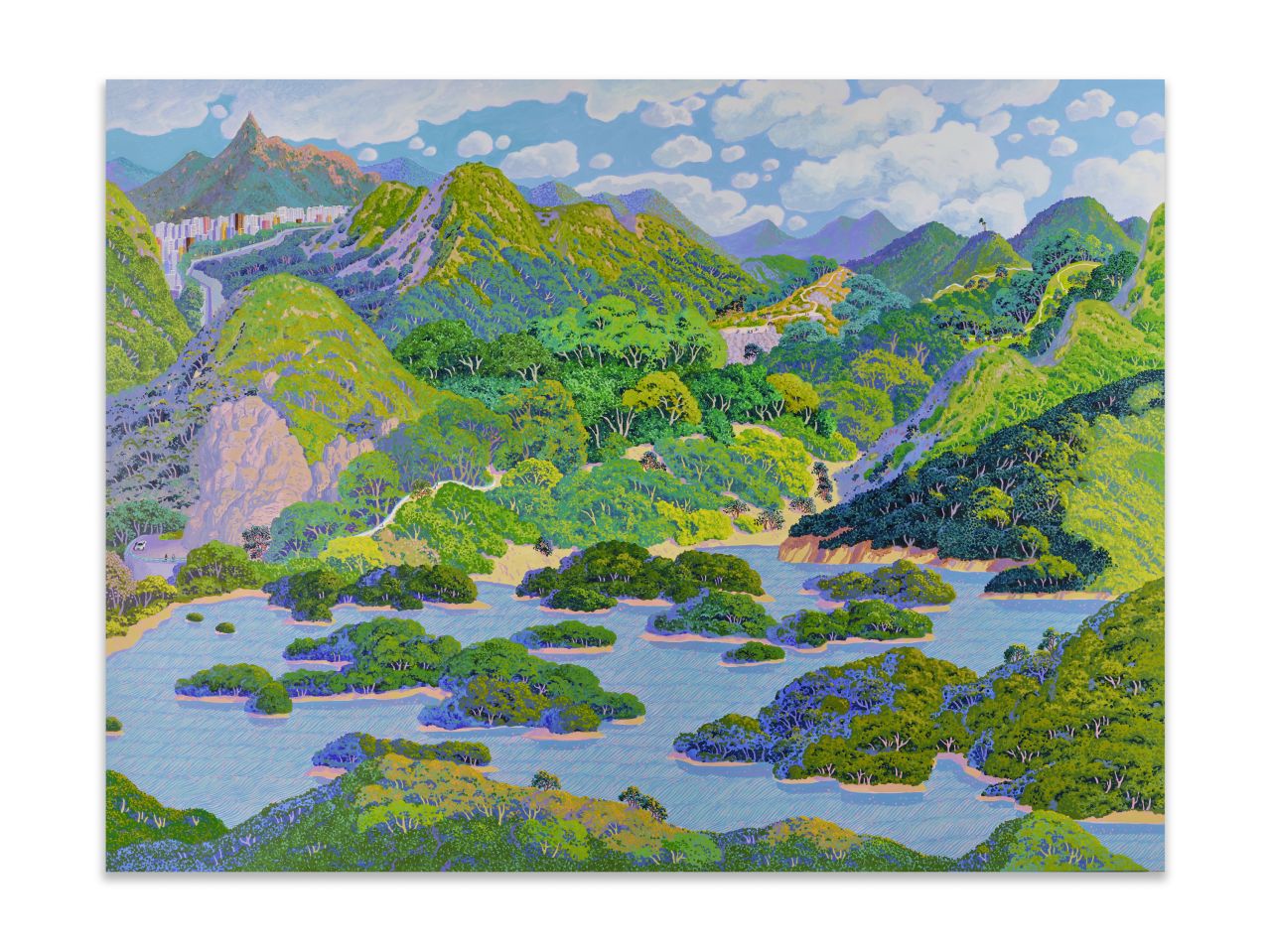 Towards the top left of the painting of the MacLehose Trail's stage 10, the viewer can spot the jagged outline of catchwater near a blocky cluster of buildings and Castle Peak. 