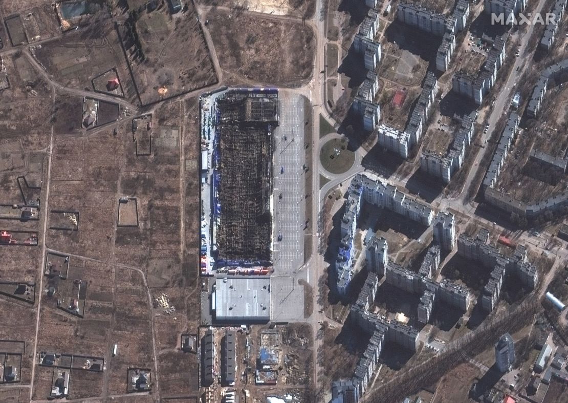 Satellite images show the charred remains of the Epicenter K supermarket in the city of Chernihiv.
