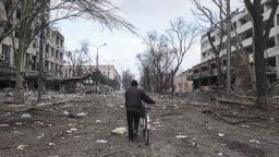 A street damaged by shelling in Mariupol, Ukraine on March 10.
