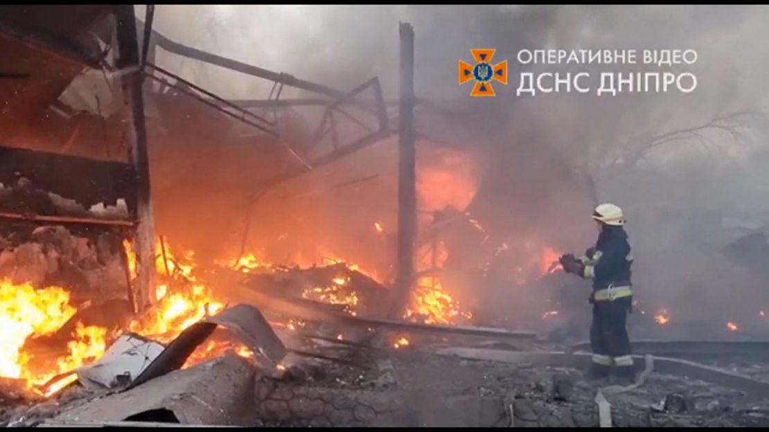 Emergency workers tackle a fire in Dnipro, central Ukraine.