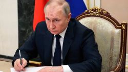 Russian President Vladimir Putin chairs a meeting with members of the government via teleconference in Moscow, Thursday, March 10, 2022. (Mikhail Klimentyev, Sputnik, Kremlin Pool Photo via AP)