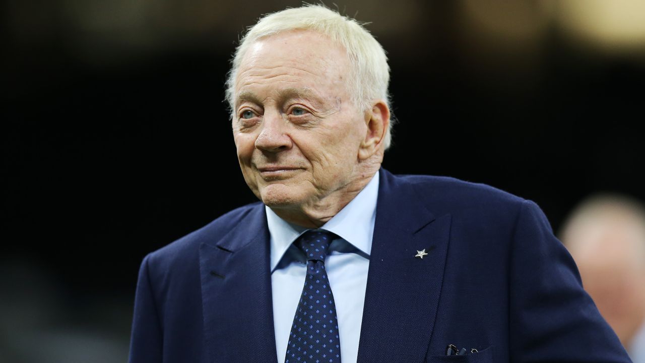 Dallas Cowboys owner Jerry Jones looks over warm ups before the game between the Dallas Cowboys and the New Orleans Saints at Caesars Superdome on December 02, 2021.