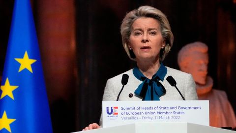 European Commission President Ursula von der Leyen speaking after the EU summit n Versailles, west of Paris.